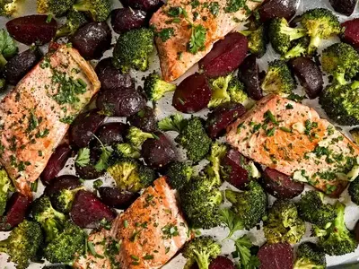 Garlic Butter-Roasted Salmon with Beets & Broccoli