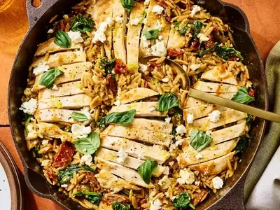 Delectable One-Pan Chicken, Spinach & Sun-Dried Tomato Orzo