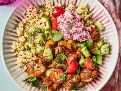 Flavorful Chicken Shawarma Bowls with Beet Tzatziki