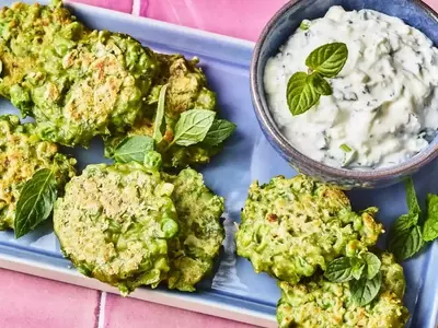 Spring Pea and Feta Fritters with Creamy Yogurt Dip