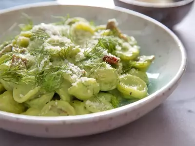 Creamy Orecchiette with Spring Onions, Fennel, and Crispy Bacon