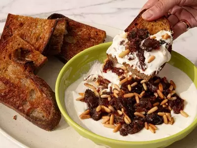 Creamy Feta Dip with Caramelized Dates and Toasted Pine Nuts